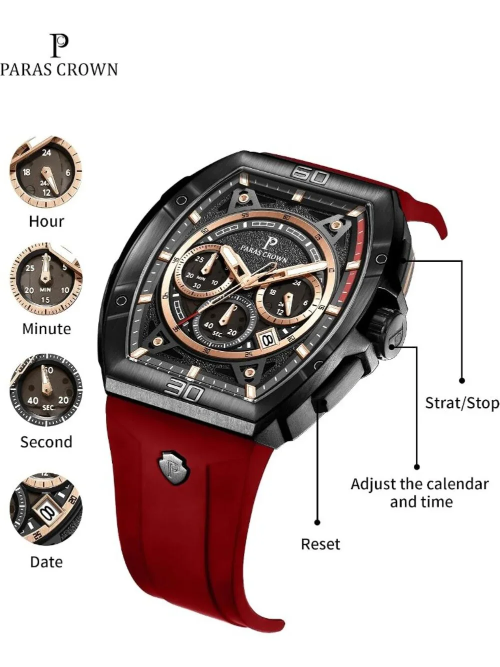 Men's Red Fashion 5ATM Waterproof Quartz Luxury Chronograph Analog Wrist Watches